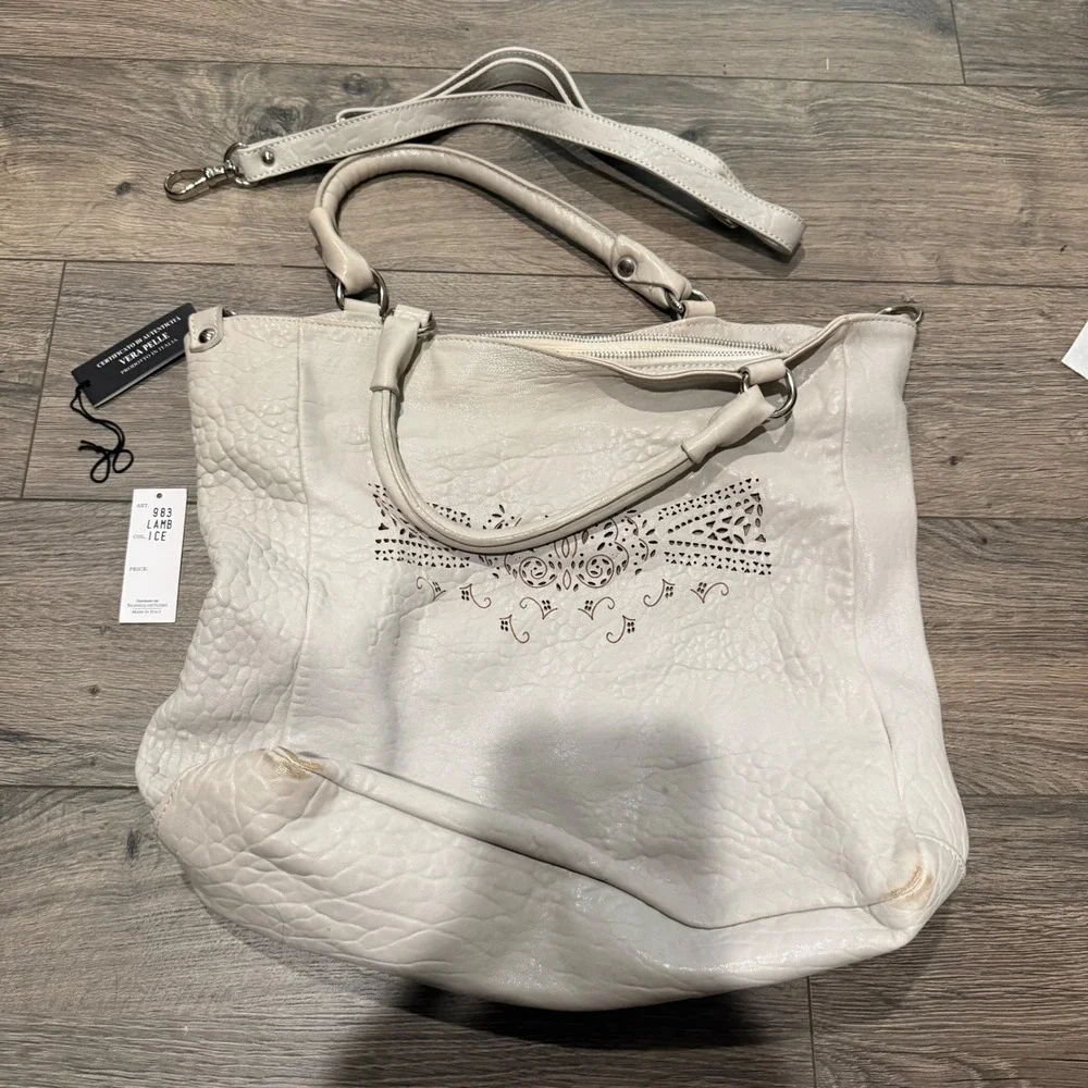 Gianni Notaro Genuine Leather Tote‎ Bag Cream Bow Detail Made in Italy